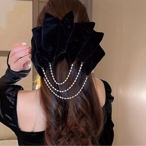 Black Velvet Hair Clip with Pearls and Cream Bow Claw Clip with Pearls